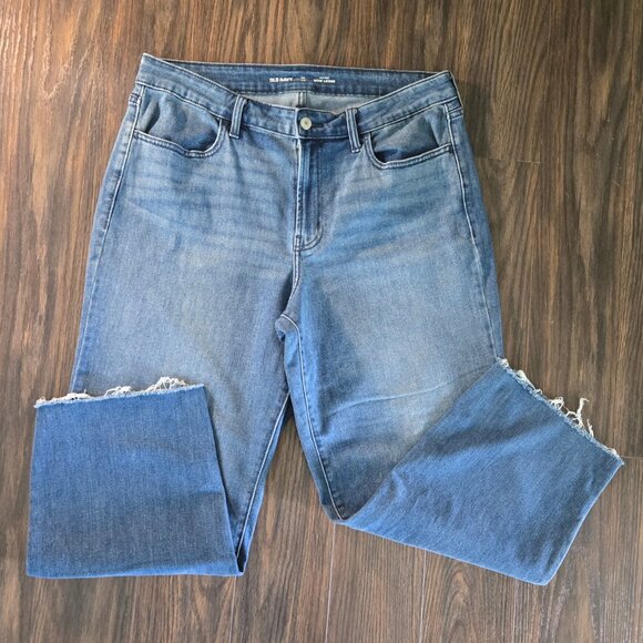 OLD NAVY High-Rise "Wow Loose" Blue Denim Jeans w/ Distress Hem/SIZE 14L - Picture 1 of 7